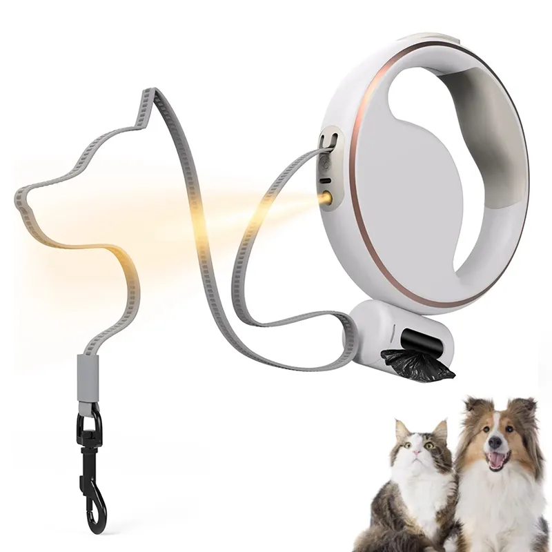 Laisse LED multifonctionnelle en nylon solide de 12 pieds pour chien avec lumière et support de sac à caca Laisse automatique pour animaux de compagnie robuste