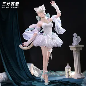 Genshin Impact Lynette Doujin Cosplay Costume Game Angel's Courtyard White Dress Ballet Cute Fontaine birthday party outfit Perruque