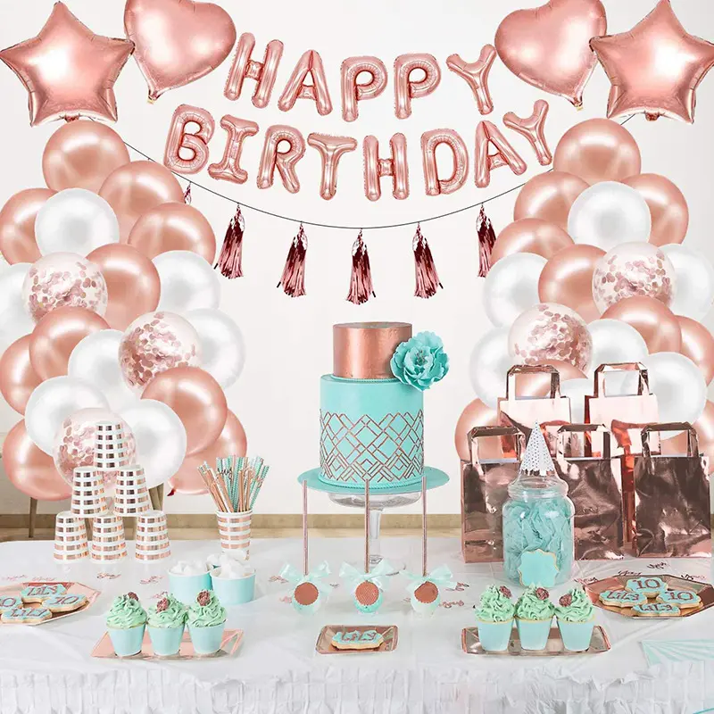 Happy Birthday Rose Gold Foil Star Heart Foil Balloons 1st Girl Party Decoration Set For Birthday Party Supplies