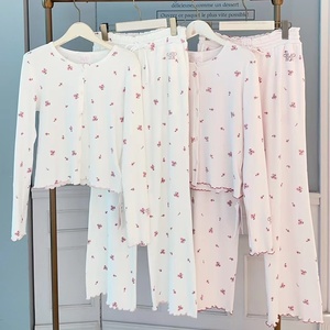 Conjuntos de ropa de casa para mujer Algodón puro Suave Dibujos animados bonitos Flor de cerezo Impreso Cuello redondo Manga larga Encaje Floral Cintura elástica - Product Image 1