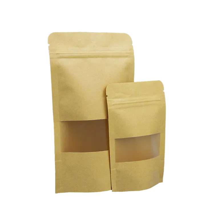 Doypack Ziplock Brown Standing Up Pouches Food Packaging Kraft Craft PaperZipper Bags With Window