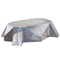 Table basse en bois massif, série aviateur, miroir, aluminium, métal, avec 3 tiroirs