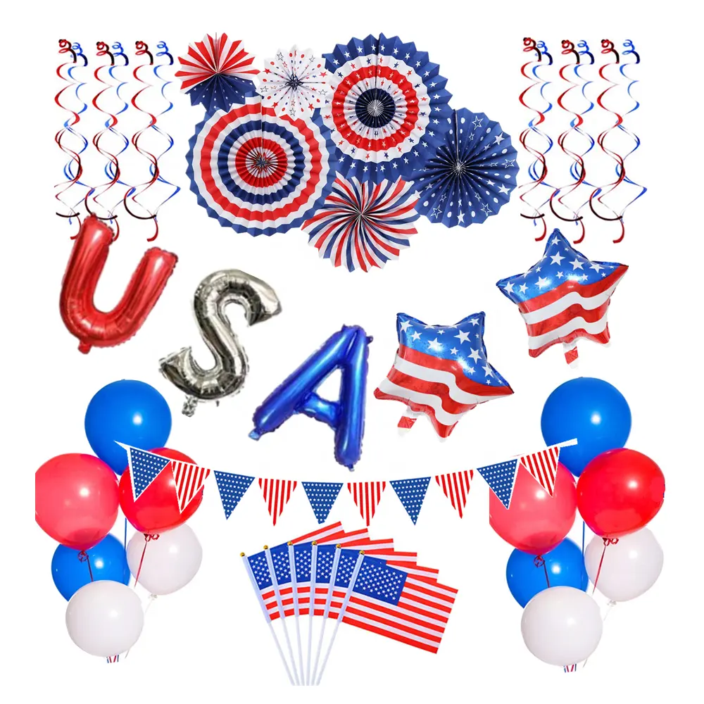 Pafu 42pcs 애국 파티 장식 세트 미국 국기 파티 용품 교수형 종이 팬 멧새 플래그 7 월 4 일 장식