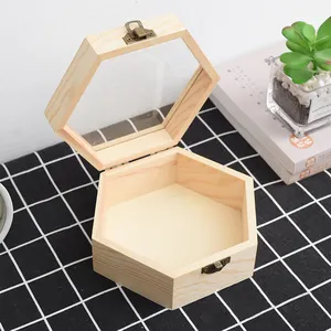 Sechseckige Form Großhandel unvollendete Box Holz natürliche Farbe Geschenk benutzer definierte Holzkiste mit Glas deckel