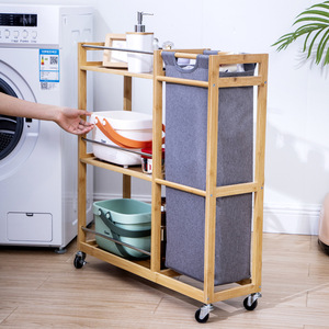Multifunctional Storage <b>Rack</b> With Laundry Basket Bamboo Frame 3 Tier <b>Rolling</b> Cart For Bathroom Organization - Product Image 4