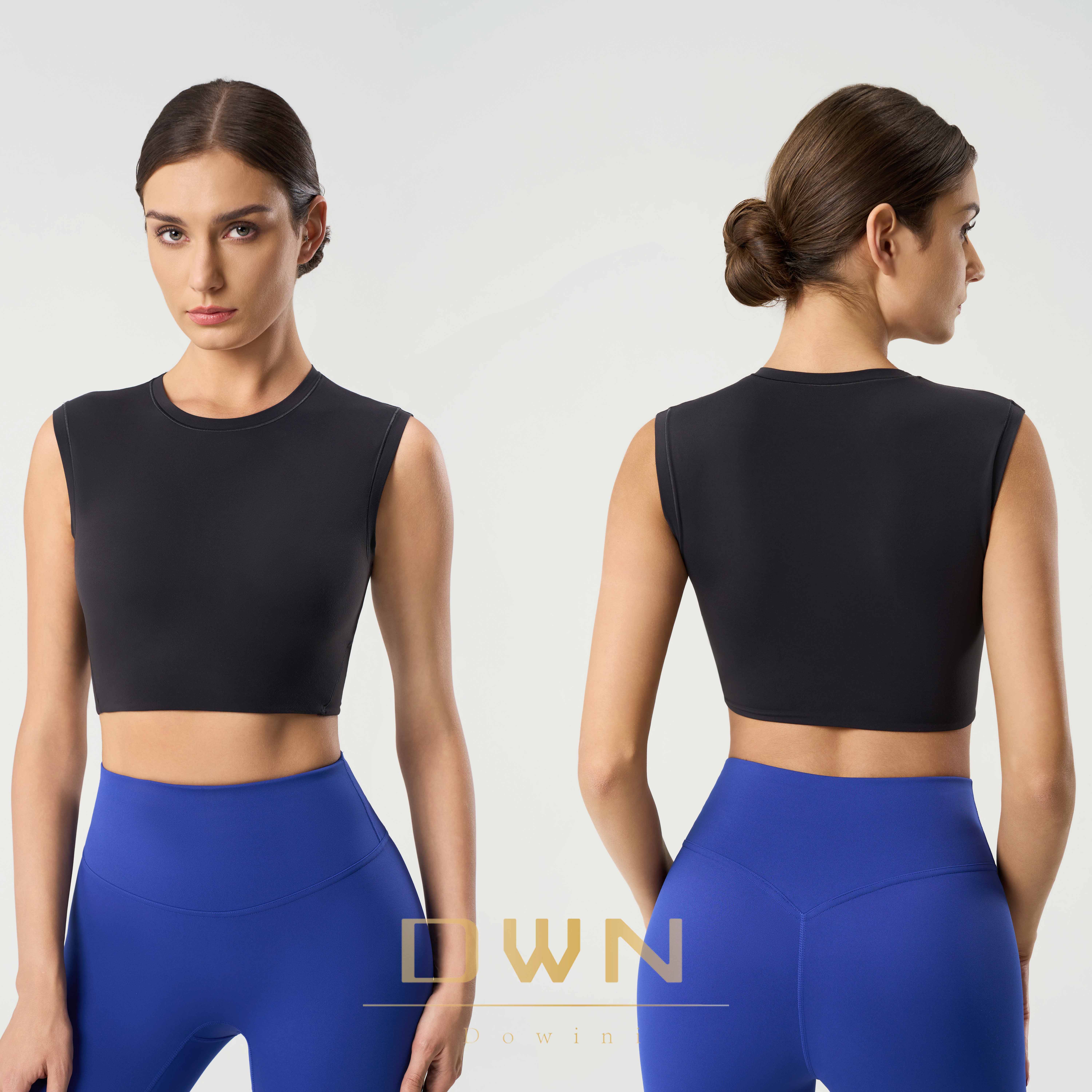 Solid Design Summer Yoga Vest with Sexy Crop Top Pilates Fitness Wear for Girls Short Sleeveless Without Bra Pads Made Spandex