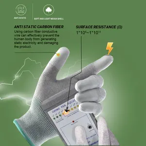 Guantes de mano de seguridad de trabajo de construcción antiestáticos recubiertos de dedo PU de punto de fibra de carbono 13G con pantalla táctil personalizada