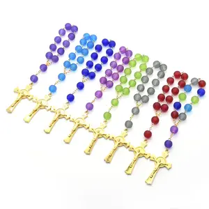 Rosário de bolso para adulto e criança, pulseira com miçangas de vidro, crucifixo, rosário automático para espelho traseiro