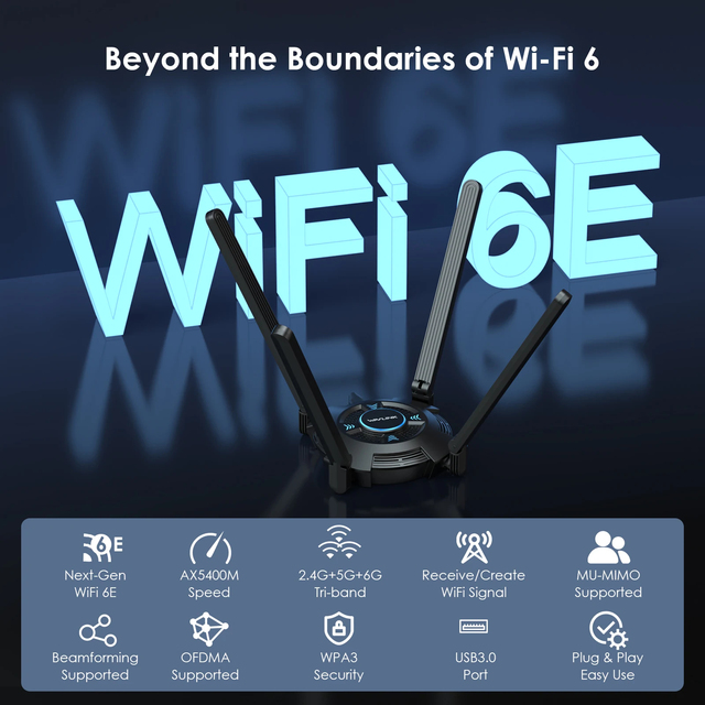 Wavlink WN695X2 External USB WiFi Adapter for PC AX5400 Tri-band 2.4/5/6GHz 4 High Gain 5dBi Antennas