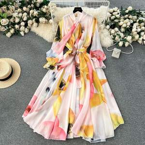 Ingrosso abiti estivi con stampa floreale nuovo stile francese <span class=keywords><strong>elegante</strong></span> con lacci e fioccia <span class=keywords><strong>Slim</strong></span> <span class=keywords><strong>Fit</strong></span> <span class=keywords><strong>abito</strong></span> da donna in Chiffon - Product Image 3