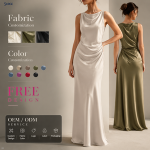 Abito da festa estivo casual da donna in poliestere e cotone effetto raso, senza maniche, con scollo a O, vita arricciata e drappeggio sottile a trapezio - Product Image 1