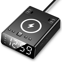 Pengisi Daya Nirkabel DC12 7-in-1 Tipe C Port Pengisian Daya USB Hub Jam Alarm Digital dengan Soket AC Stop Kontak