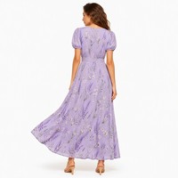 Robe longue femme en viscose 120g, coupe trapèze évasée, manches bouffantes, imprimé floral, style provençal romantique rustique français, personnalisable avec logo – Vente en gros