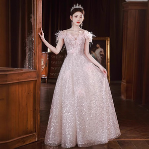 Off-The-Shoulder Sequined Evening Gown Empire Waistline 3D Stereoscopic Patterns For Coming-Of-Age Ceremony - Product Image 1