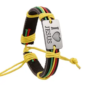 Jamaican reggae jewelry candy colors rope I LOVE JESUS leather bracelet