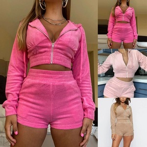 Conjunto de 2 piezas con cremallera de terciopelo para <span class=keywords><strong>mujer</strong></span>, Top corto con capucha y pantalones cortos, conjunto ajustado para correr de primavera y verano - Product Image 5