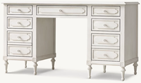 Bureau d'écriture vintage en bois blanc vieilli avec 9 tiroirs, pieds sculptés, style campagne française, écologique et durable, pour bureau à domicile ou console d'étude