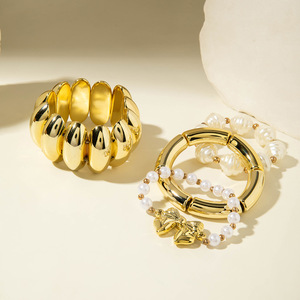 European American Jewelry Fashion Liquid Pleated Metal <strong>Large</strong> Wide Gold <strong>Bracelet</strong> Irregular <strong>Beaded</strong> Geometric <strong>Bracelet</strong> Wholesale - Product Image 4