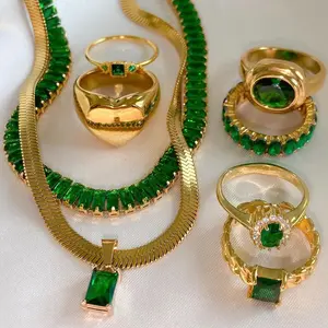 Moda aço inoxidável banhado a ouro anel de abertura ajustável pulseira geométrica esmeralda zircão colar anéis conjunto para mulher