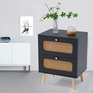 Table de chevet en rotin à 2 tiroirs DB pour chambre ou salon Table d'appoint faite à la main avec 2 tiroirs décoratifs assemblés - Product Image 1