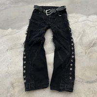 Pantalon en jean déchiré style Y2K vintage, tricoté, avec patchwork de cristaux, effet délavé, rivets et franges, pour homme, streetwear, style hip-hop