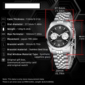 Vetro zaffiro impermeabile datario orologio da uomo cronografo al quarzo analogico <span class=keywords><strong>Timer</strong></span> VK64 movimento in acciaio inox orologio da polso per gli uomini - Product Image 2
