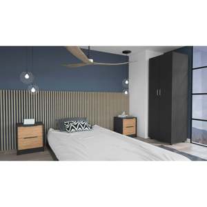 Ensemble de chambre à coucher London Armoire Egeo avec table de chevet en pin noir, 3 pièces - Product Image 1