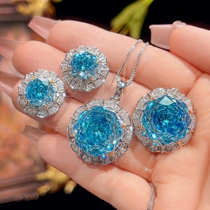 Factory Wholesale High Quality Eco-friendly Copper Rose Cut 16-10MM Sea Blue Cubic Zirconia Necklace <b>Set</b> for Women - Product Image 3