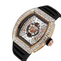 Montre squelette personnalisée pour homme, mouvement à quartz, diamants, étanche 30M, boîtier en acier inoxydable, bracelet en caoutchouc, idéale pour cadeau, vente en gros