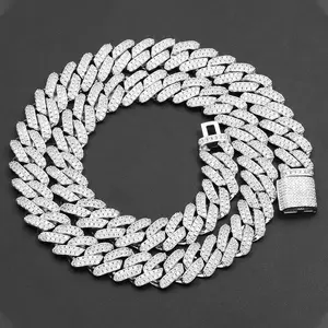 Imalatı fiyat lüks 2 satır elmas küba bağlantı 15mm halat zincir VVS Moissanite 925 gümüş küba kolye