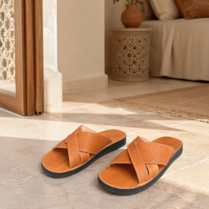 Men Genuine Leather Classic Flat Sandals Open Toe <b>Slip</b>-On Summer Breathable Cross Strap Non-<b>Slip</b> Rubber Outsole Solid Color - Product Image 2