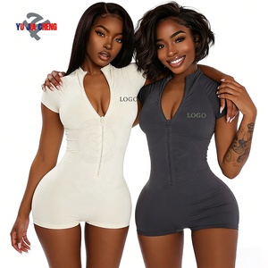 Combinaison <span class=keywords><strong>Courte</strong></span> Personnalisée à Manches Courtes pour Femme, Justaucorps Moulant de Sport, <span class=keywords><strong>Combishort</strong></span> de Fitness avec Fermeture Éclair - Product Image 3