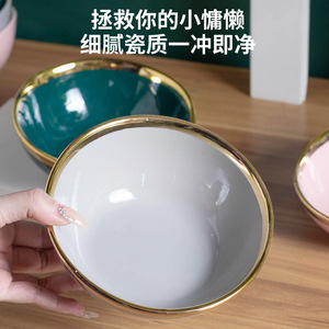 Bol en céramique personnalisé pour animaux de compagnie, design incliné, antidérapant, pour l'alimentation et l'eau des chats et des chiens, forme arrondie, rose, vert, bordure dorée - Product Image 4