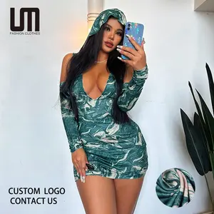 Liu Ming Outono Mulheres Moda 2024 Novos Produtos Sexy Tie Dye Impresso Profundo Pescoço Em V Boate Slim Bodycon Mini Vestido