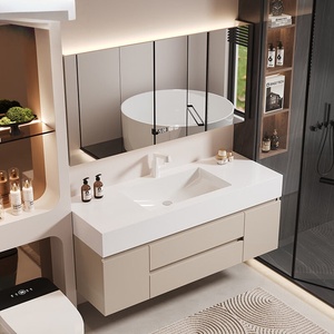 Modern Cream Style Bathroom Vanity Combo with MDF & Melamine Board <b>Wall</b>-Mounted LED <b>Mirror</b> Included Ceramic Basin Cabinet - Product Image 1
