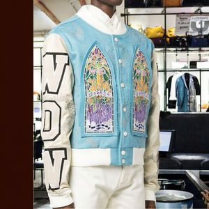 Veste en cuir patchwork personnalisée, patchs brodés, style vintage, lettreman, baseball, bomber, varsity, décontractée, doublure en polaire, devant - Product Image 3