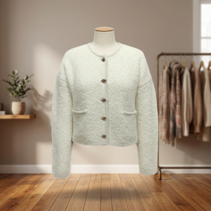 Cardigan en tricot texturé blanc pour femme, col rond, boutons sur le devant, manches longues, pour l'automne - Product Image 1