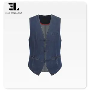 Larsur Kleding Fabrikanten Custom Nieuwe Chinese Stijl Mouwloze Spijkerjas Sluiting Kikker Knopen Denim Vest Tang Pak Jas