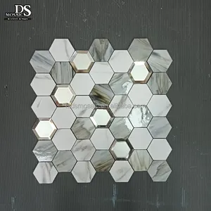 白と灰色の色の六角形の電気メッキバックスプラッシュ壁タイル自己粘着ミラーガラスタイルモザイクピールアンドスティックモス