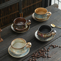 Cangkir Kopi Keramik Vintage Dehua Wabi-Sabi Mewah Ringan Buatan Tangan dengan Tampilan Menawan, Hasil Pembakaran Tungku, Dilengkapi Piring Saji dari Batu Keramik