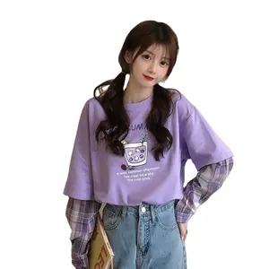 2020新款秋季格子拼接两件上衣宽松韩版web名人紫色长袖t恤女