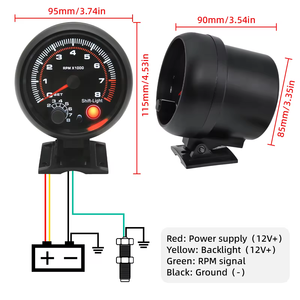 Tacómetro universal retroiluminado con LED blanco de 3,75 pulgadas y 12V, 4, 6, 8 cilindros con luz roja para coche de <span class=keywords><strong>gasolina</strong></span> de cambio, 0-8000 RPM - Product Image 3
