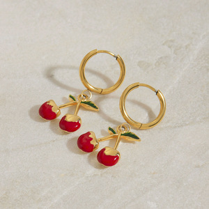 Cherry <b>Drop</b> <b>Earrings</b> Gold Plated <b>Red</b> Fruit Design For Women Gift Jewelry - Product Image 2