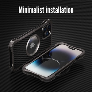 Étui de protection pour téléphone en fibre de carbone de luxe R-just pour <span class=keywords><strong>iPhone</strong></span> 16 15 14 13 <span class=keywords><strong>12</strong></span> Pro Max Plus <span class=keywords><strong>Mini</strong></span>, <span class=keywords><strong>coque</strong></span> arrière en métal mince - Product Image 2