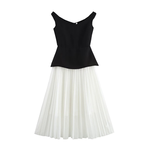 2025 abito bicolore Chic <span class=keywords><strong>su</strong></span> <span class=keywords><strong>misura</strong></span> in popeline con spalle scoperte e Patchwork di Chiffon pieghettato per ufficio <span class=keywords><strong>abiti</strong></span> eleganti <span class=keywords><strong>abiti</strong></span> modesti - Product Image 1