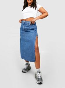 100% Cotton Women Sexy Hot Plus Size Jean <strong>Wrap</strong> <strong>Skirt</strong> Blue High Waisted Side Split Denim Midi <strong>Skirt</strong> - Product Image 4