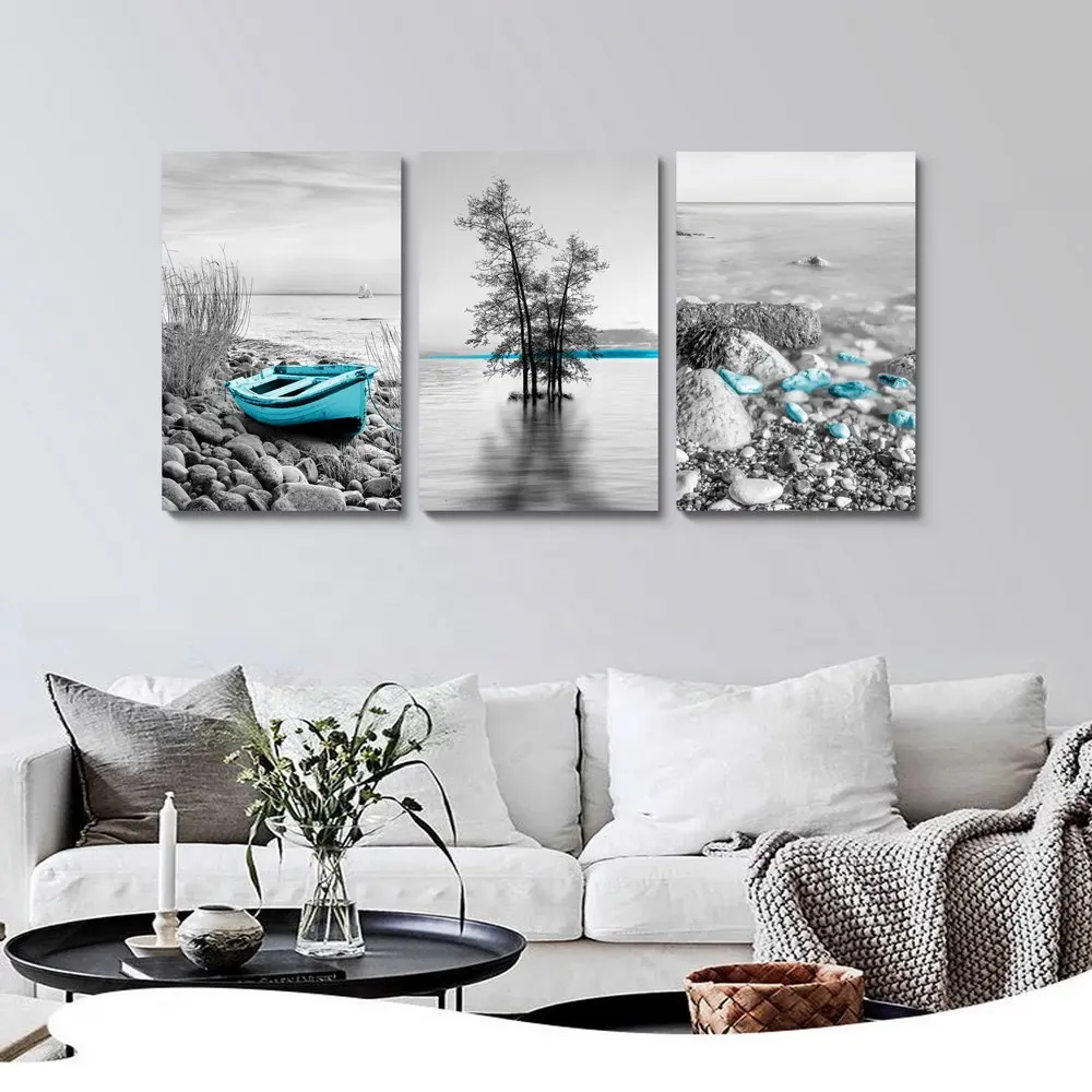 Pintura en lienzo hecha a mano para decoración de hogar y oficina, paisaje costero en blanco y negro, imagen de piedra de árbol y barco azul