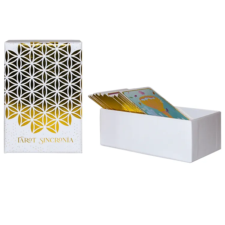 Cartões de jogo de cartas personalizadas, fabricação personalizada, cartão de tarô com borda dourada, caixa de plástico