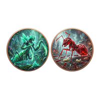 Exceptionnelles 2 pièces de 1 oz en Cuivre Fin .999, avec Cristal Vert UV et Motif Mantis et Fourmi de Feu Rouge, Pièce de Défi pour Art de Combat d'Insectes en Relief 3D