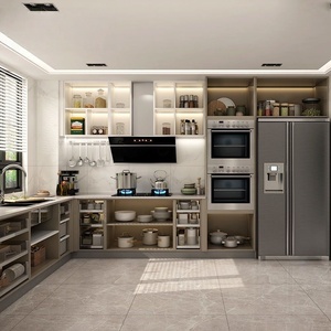 Armoires de <span class=keywords><strong>cuisine</strong></span> modernes en bois de pin beige, niche pour appareils électroménagers intégrés, portes en contreplaqué écologiques, bordure laser HOMAG, certifiées ENF, RTA - Product Image 2